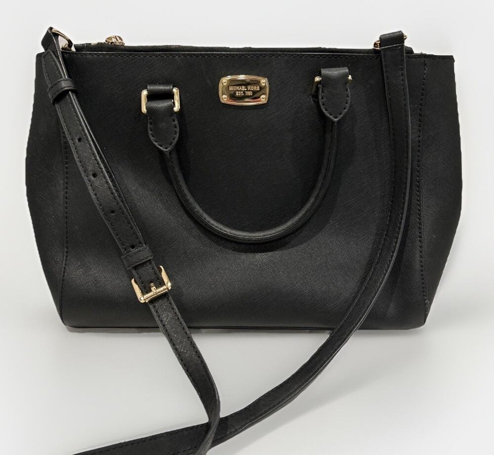 Michael Kors Kellen Black Medium Satchel Bag Leather With Cross Body Strap